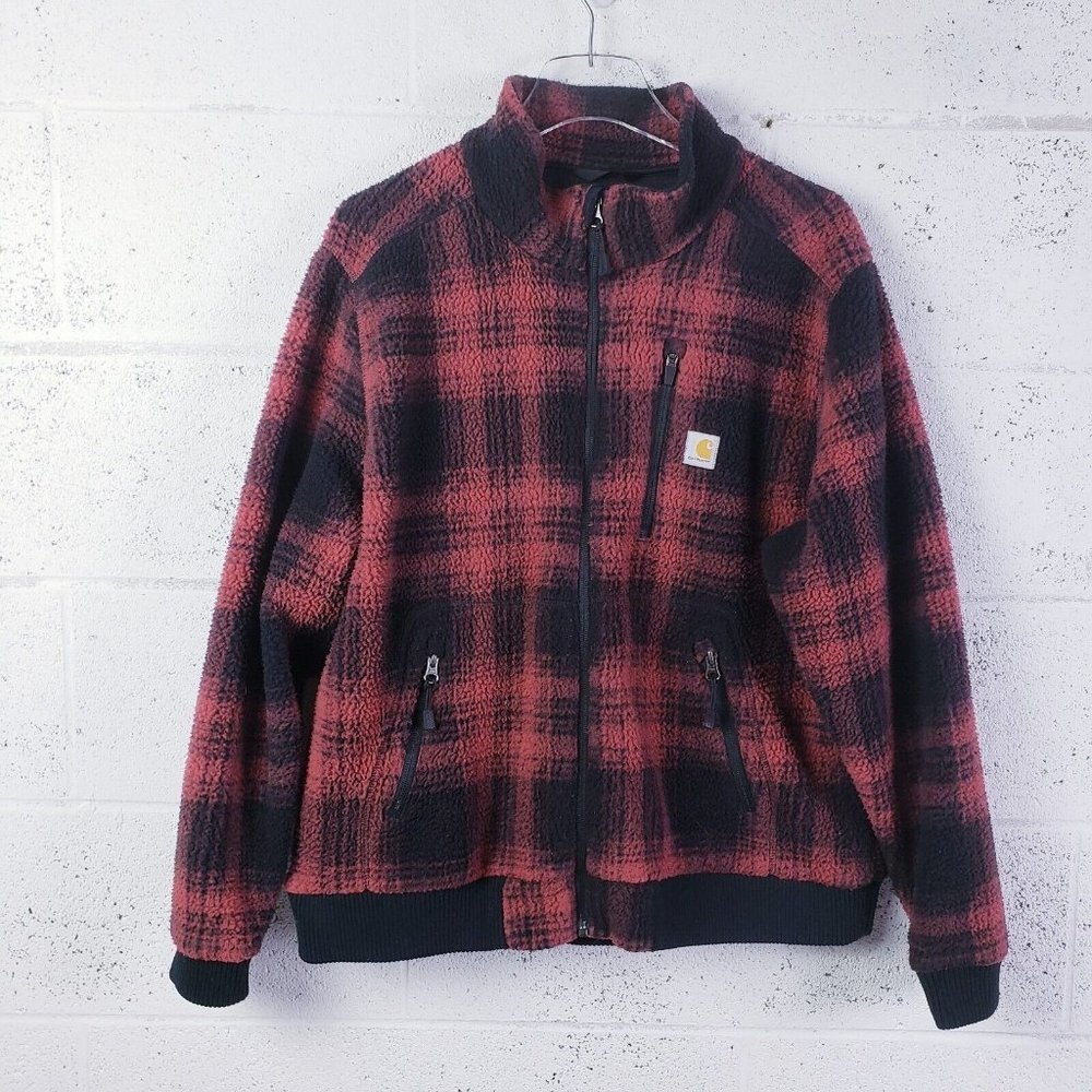 Carhartt High Pile Fleece Bomber Jacket Womens XL Full Zip Red Black Plaid